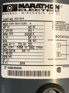 MARATHON MOTORS HWH 56A11028D - 1/2 HP - Frame 56Y - 1 Phase - 1075 RPMs - NEW